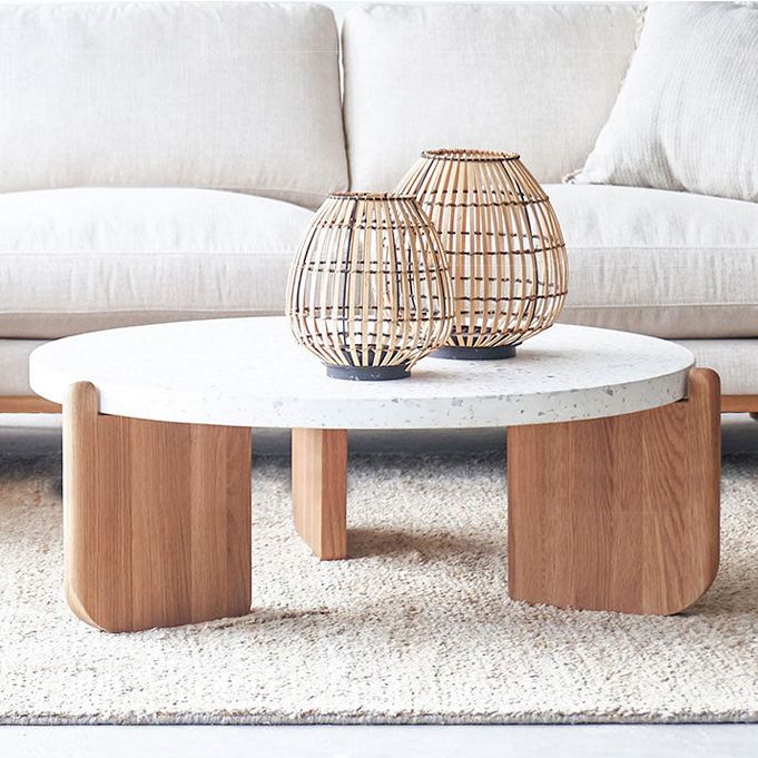 Modern Minimalist Round Coffee Table 3 Legs Terrazzo Cocktail Table in White