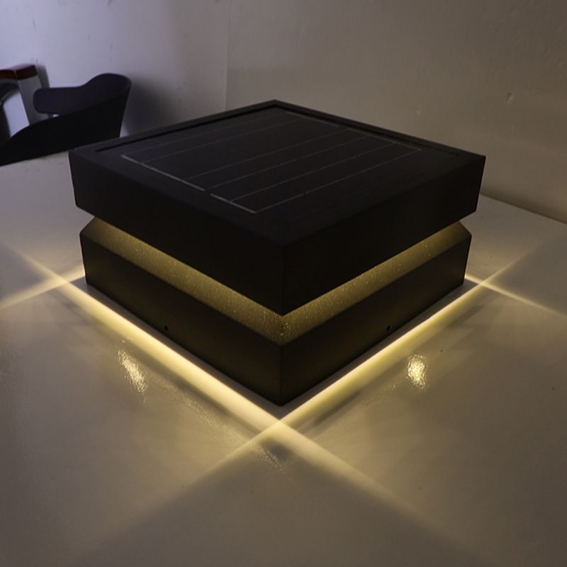 Rectangle Shape Metal Solar Pillar Lamp Modern 1 Light Waterproof Outdoor Light in Black