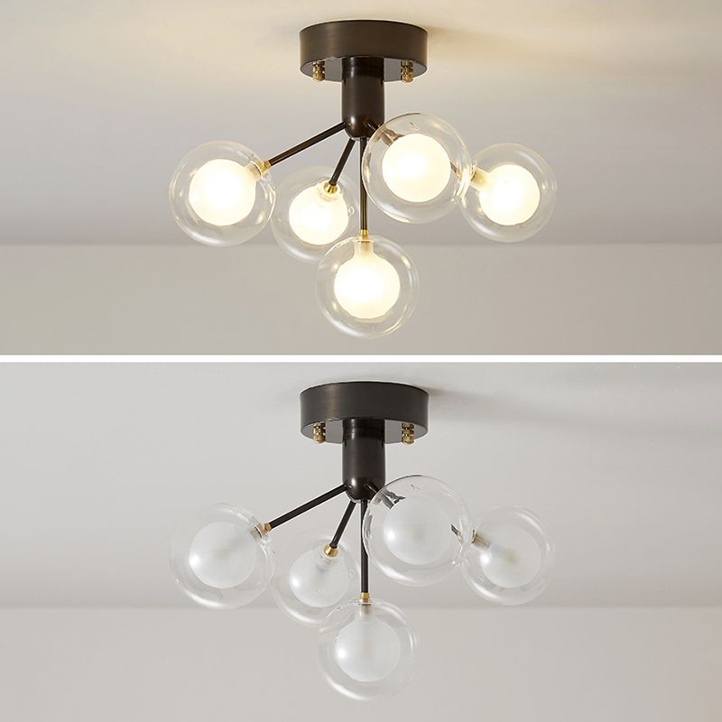 Ball Semi Flush Mount Chandelier Modern Clear and Frosted Glass 5-Light Corridor Ceiling Light