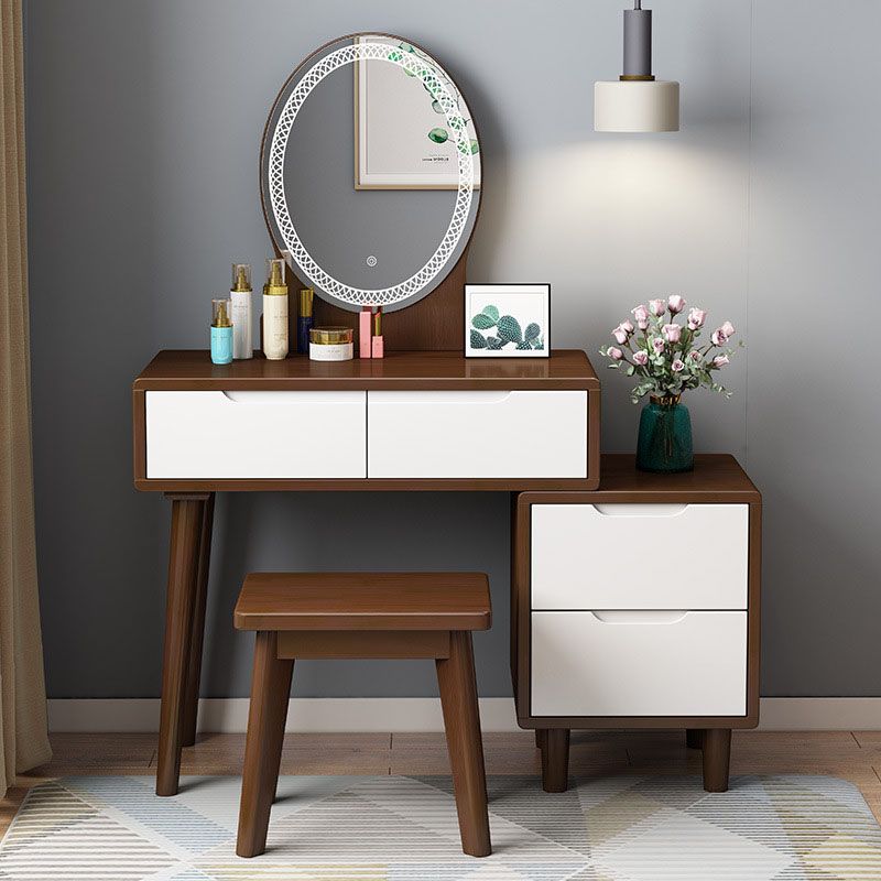 31. 5" L Wooden Vanity Table with Mirror & Stool 4 Drawers Makeup Vanity Table Set