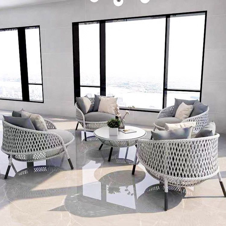 Gray Cushion Patio Sofa Tropical Metal Frame Outdoor Patio Sofa with Pillows