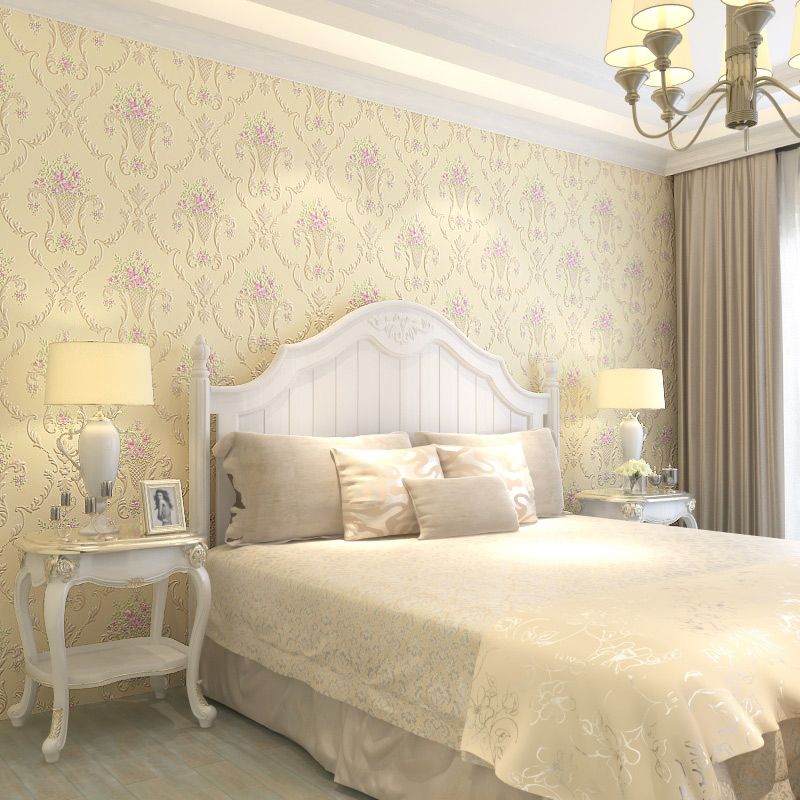 Pink Peony Wallpaper Roll Moisture Resistant Country Living Room Wall Art on Beige