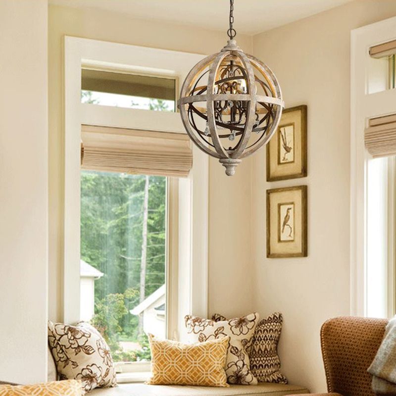 French Retro Chandelier Wood Crystal Pendant Light Fixture for Bedroom Living Room