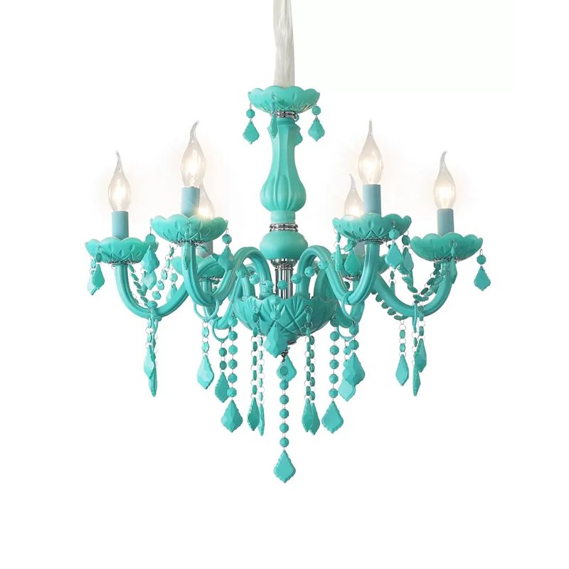 Macaron Stylish Suspension Light with Crystal Deco Candle 6 Lights Metal Chandelier for Teen