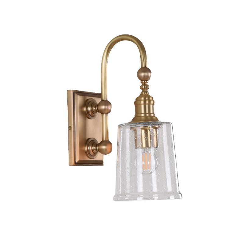 Conical Bathroom Sconce Light Colonial White/Clear Bubble Glass 1 Bulb Brass Wall Lamp with Metal Gooseneck Arm