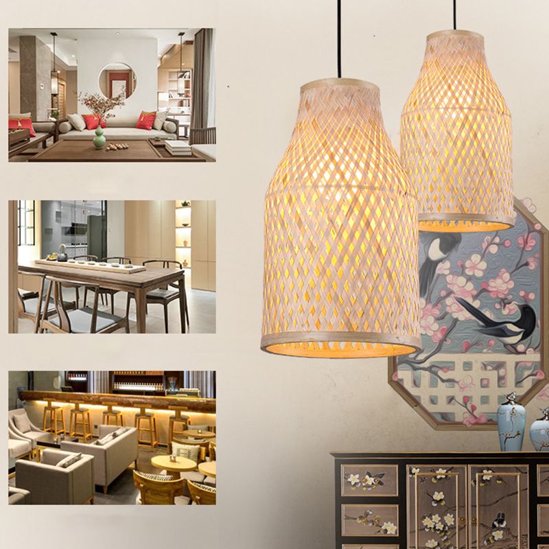 Wood Woven Suspension Lighting Minimalist Single Bamboo Pendant Ceiling Light for Restaurant