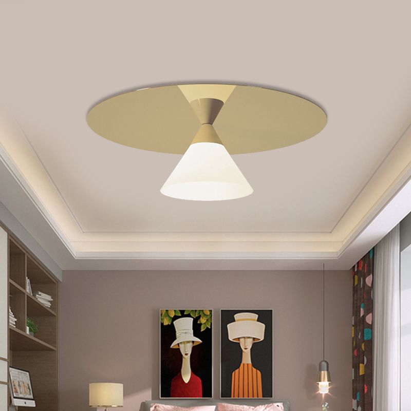 Brass Disk Flush Mount Lighting Post-Modern 1 Bulb Metal Ceiling Flush Light with Bottom Cone White Glass Shade