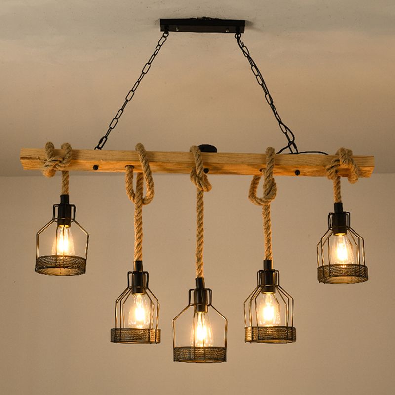 Lampada a ciondolo dell'isola metallica Industriale geometria nera sala da pranzo lampada appesa con cavo di corda di iuta