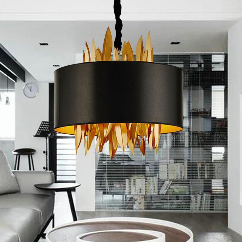 4 Lights Fabric Chandelier Lamp Country Black Round Dining Room Hanging Ceiling Light with Metal Leaves