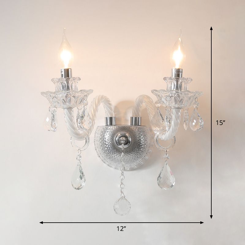 2 Bulbs Wall Lighting Contemporary Candelabra Clear Faceted Crystals Wall Sconce with Droplets