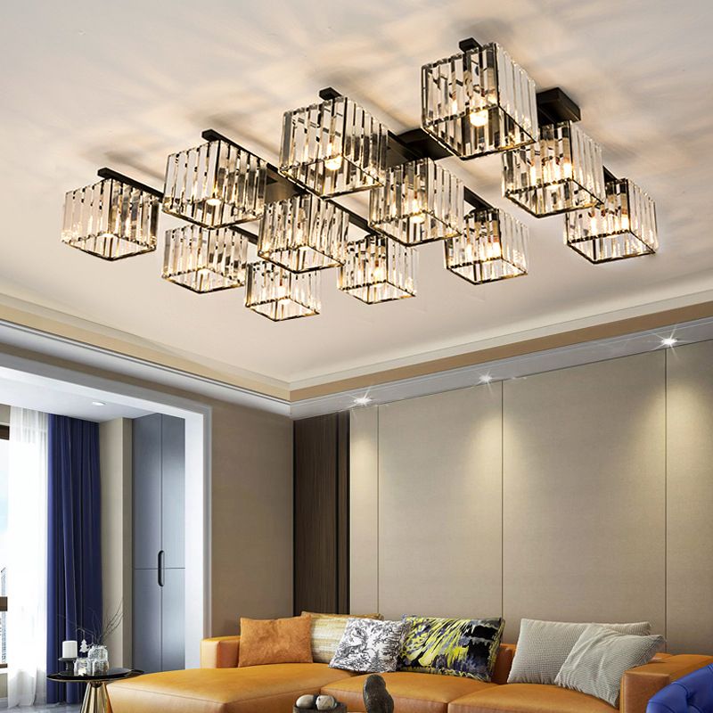 Accesorio de techo para sala de estar, barra de cristal de tres lados, cuadrado moderno, semiempotrado, 4/6/9 luces, en dorado/negro