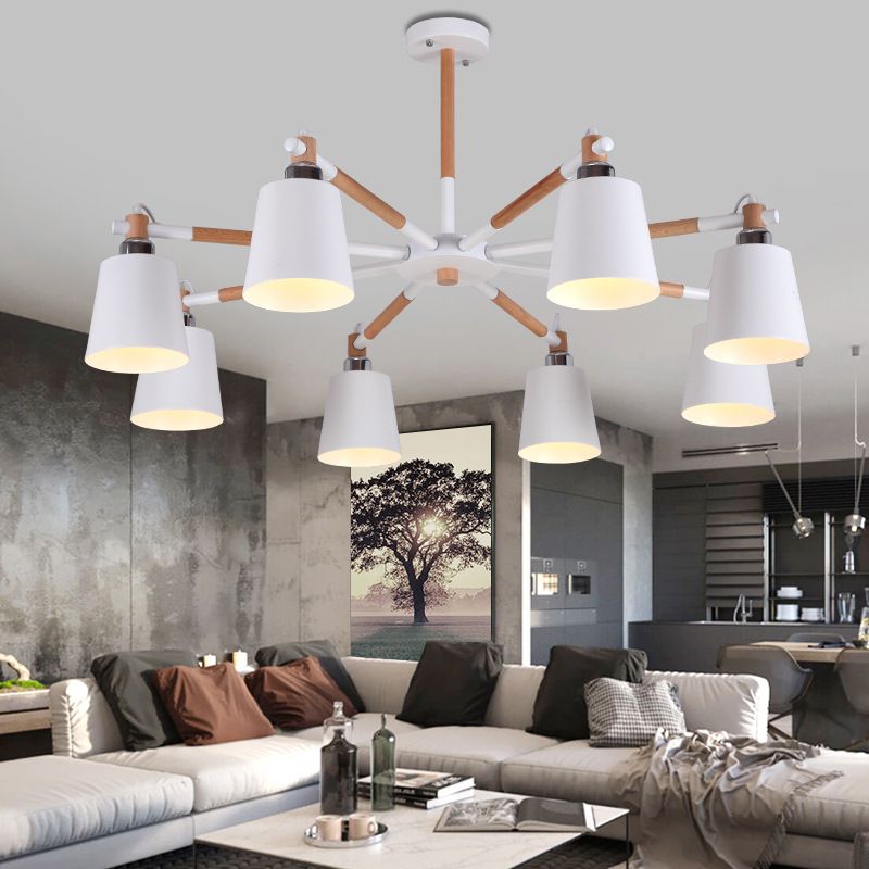 Modern Minimalist Rubber Wood Chandelier Matte Metal Lampshade Pendant Light for Living Room