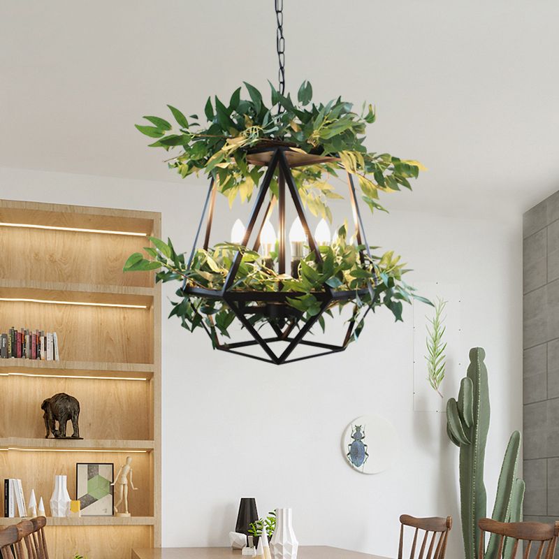 4-Bulb Metal Chandelier Pendant Light Light Style Antiqued Prism Prism Cage Dining Room Salle Lampe avec déco de plante
