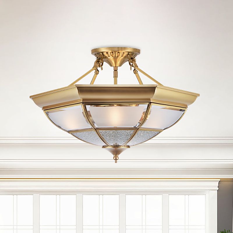 3/4-Light White Glass Semi Flush Colonialist Brass Inverted Living Room Close to Ceiling Lighting, 16"/19.5" W