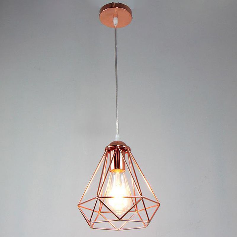Electroplated Rose Gold Hanging Light Iron Cage Shade Industrial Style Single Bulb Lighting Fixture for Bedroom