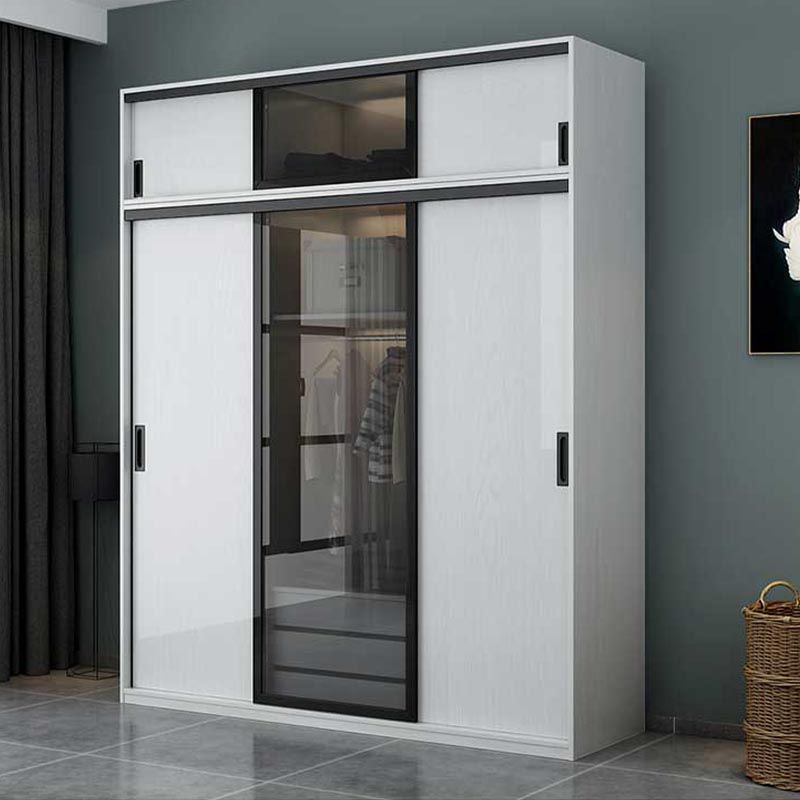 Glass and Engineered Wood Wardrobe Closet White Wardrobe Cabinet