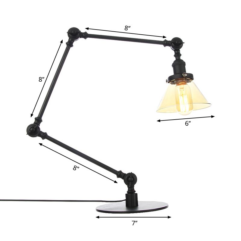 Table conique de style industriel clair Ambre / verre transparent et métal 1 lampe de table de chambre à coucher légère avec bras réglable en noir / laiton
