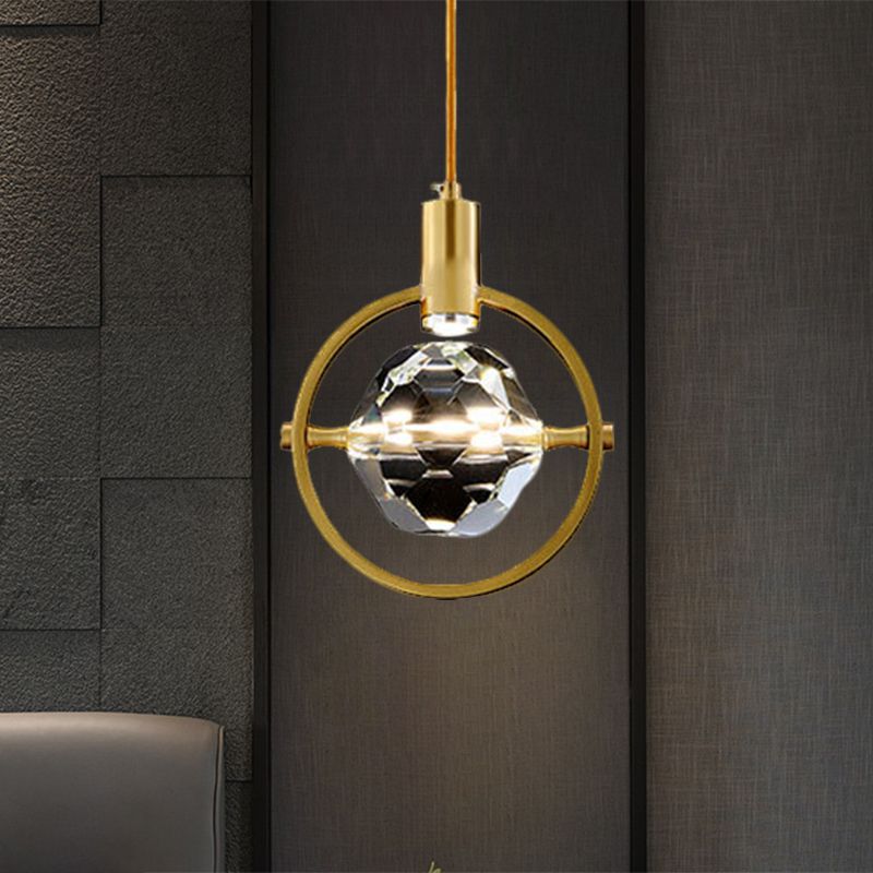 Ball Clear Crystal Hanging Lamp Kit Contemporary LED Bedroom Annular Suspension Light in Gold