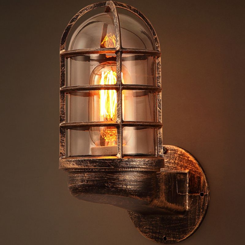 Half-Capsule Caged Glass Wall Lamp Industrial 1 Bulb Bathroom Sconce Lighting Fixture