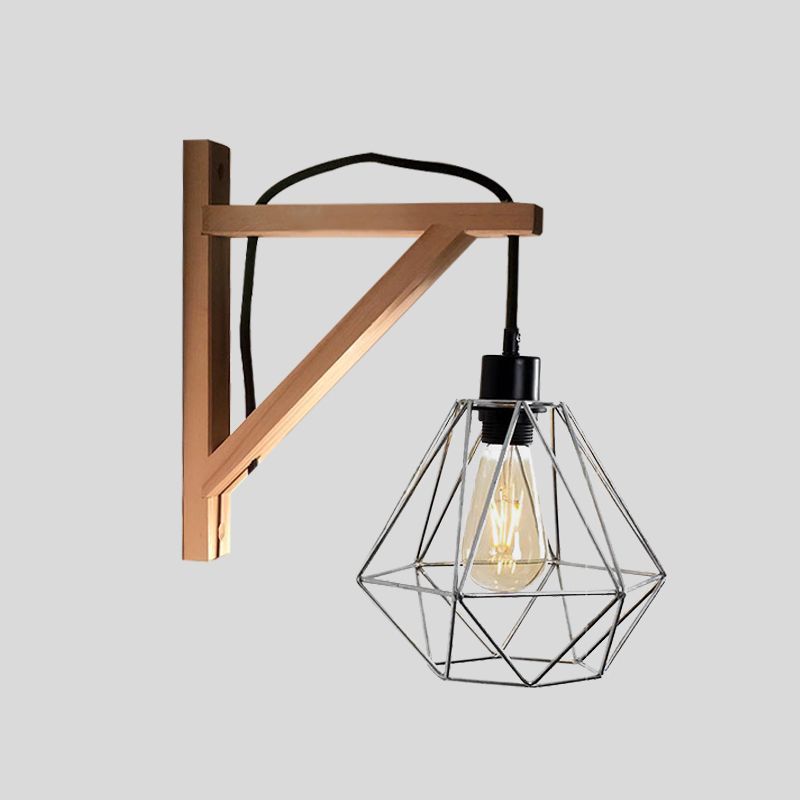 Negro 1 Lámpara de pared ligera estilo Loft estilo de hierro en forma de hierro/jaula de diamante/jaula de pared de la jaula de pájaros en negro con abrazadera de madera