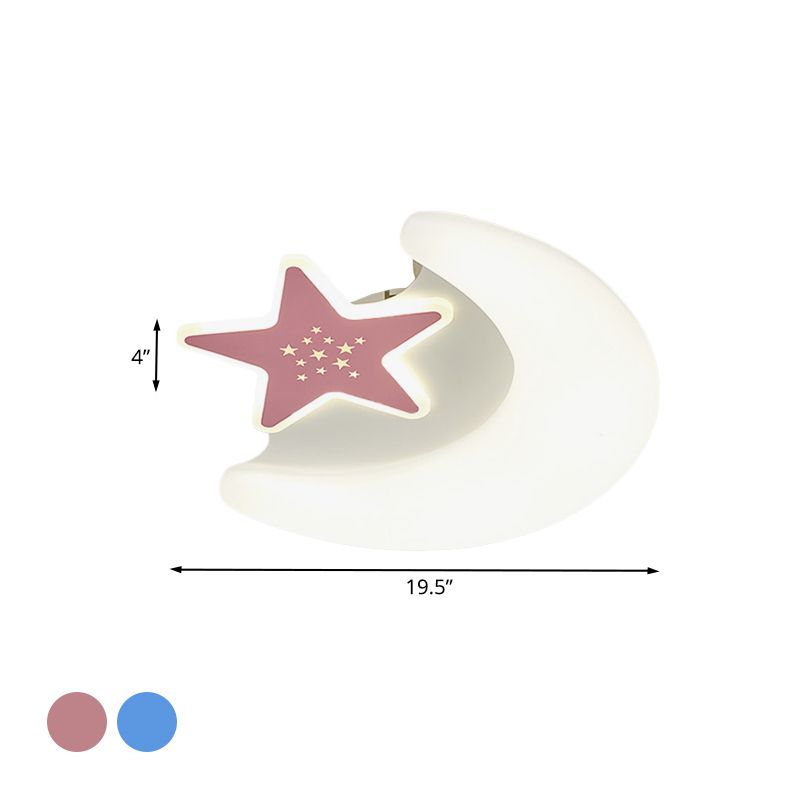 Moon and Star Flush Mount Lighting Kids Acrylic LED Pink/Blue Finish Ceiling Light Fixture for Bedroom