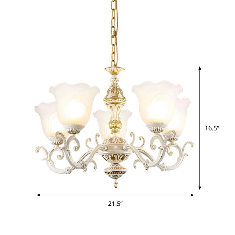 Opaline Glass Flower Ceiling Lamp Traditional 5/7-Light Drawing Room Pendant Chandelier in White and Gold
