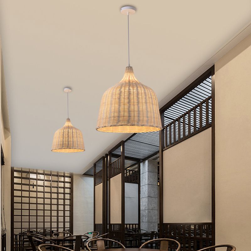 Hand-weaving Bamboo Bell Shape Hanging Light Asian Rattan Shade Single Light Pendant Lamp with 59" Hanging Wire