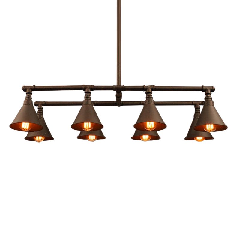 8 Bulbs Island Pendant Light Industrial Conical Iron Suspension Lighting in Black/Rust for Wine Bar