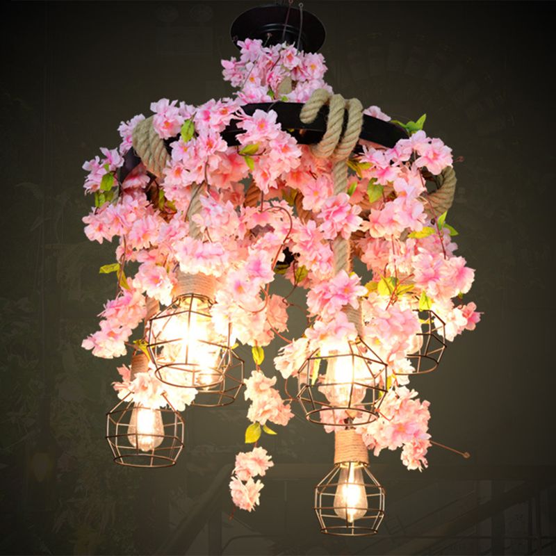 Iron Wire Cage Chandelier Vintage Cafe Pendant Light with Hemp Rope and Fake Plant