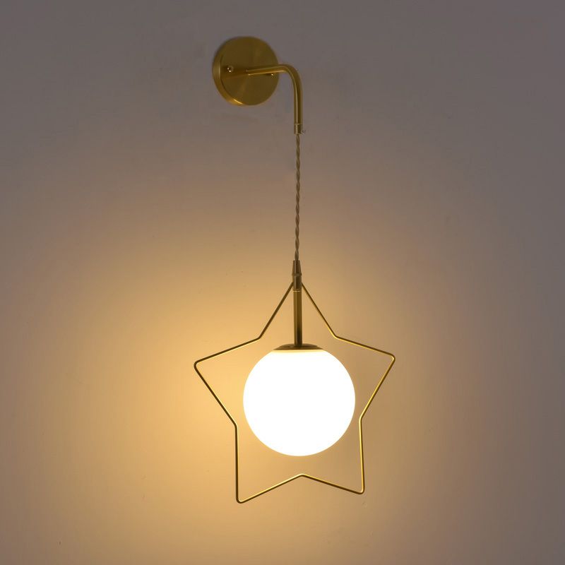 Brass Star Wall Hanging Lamp Nordic Metal Single Bedroom Wall Light with Ball Glass Shade