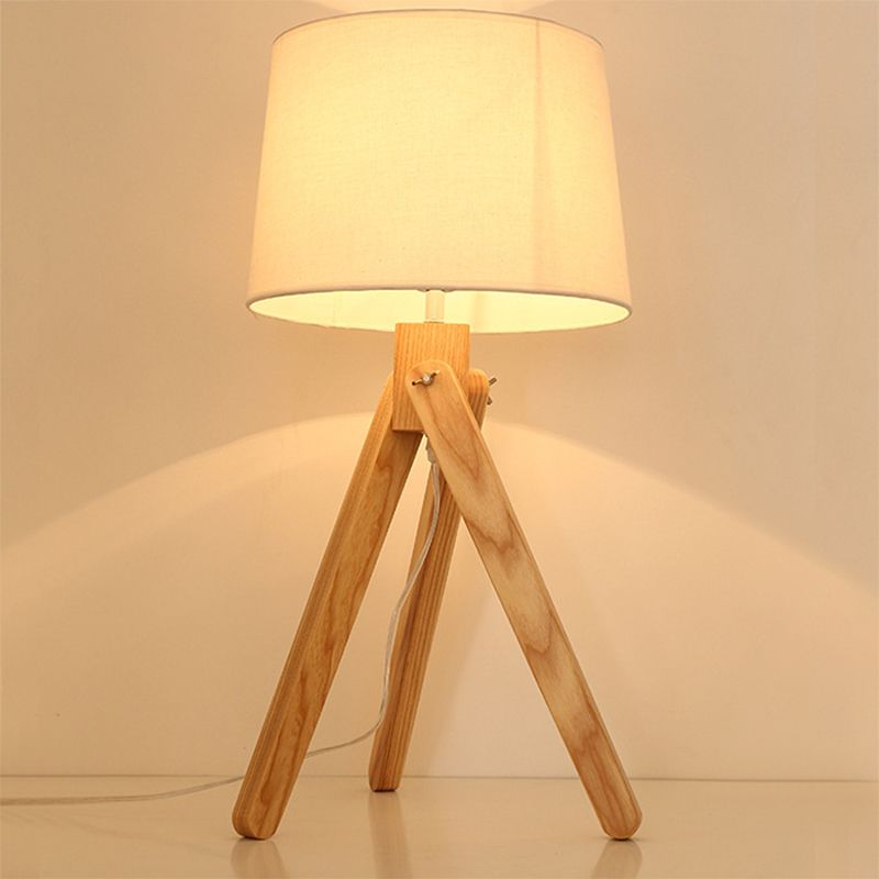 Lámpara de noche de sombra cónica blanca Nordic 1 cabezal de tela iluminación con soporte de telescopio de madera