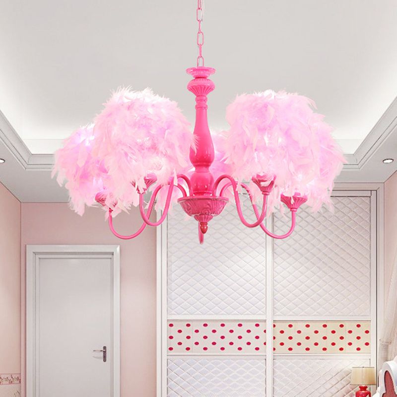 5 Lights Pink Curvy Arm Chandelier Lamp Kids Metal Suspension Lighting with Feather Shade