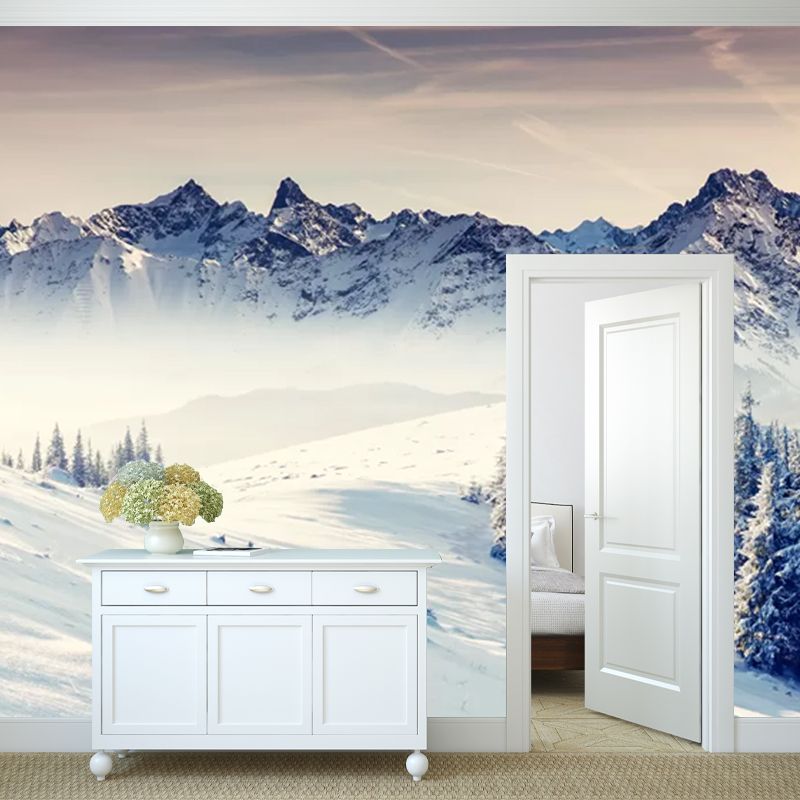 Grey-White Modern Wall Murals Full Size Snowy Pine Trees and Mountain Wall Art for Home