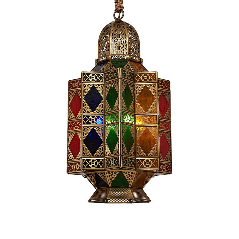 Lantern Stained Glass Hanging Light Fixture Art Deco 3 Bulbs Corridor Pendant Chandelier in Brass with Carved Design