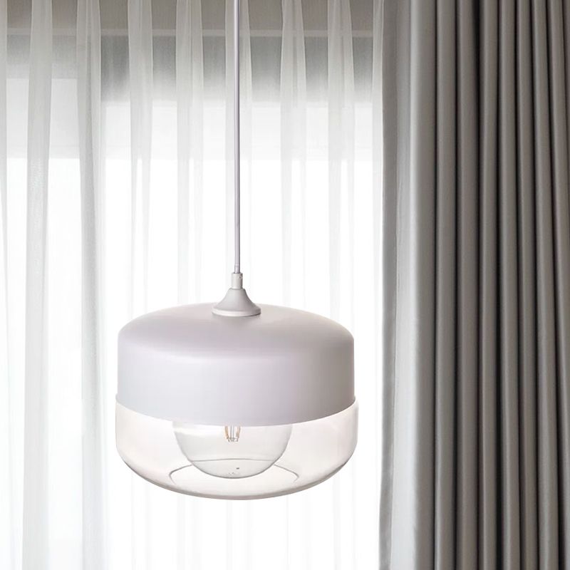 1 Head Bedroom Pendant Light Modern White Ceiling Suspension Lamp with Round Clear Glass Shade