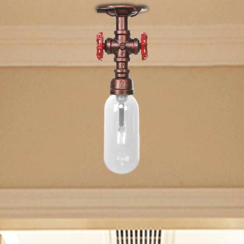 1 Light Ceiling Light Fixture Oval Shade Clear Glass Industrial Bathroom Semi Flush in Weathered Copper with Pipe Design