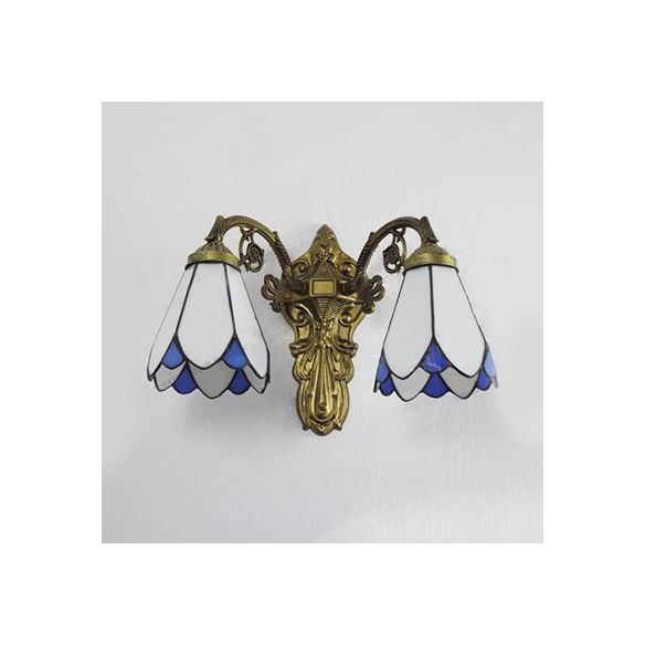 Stained Glass Wall Light with Curved Arm Tiffany Style Double Sconce Light in Red/White/Blue for Bedroom Lighting