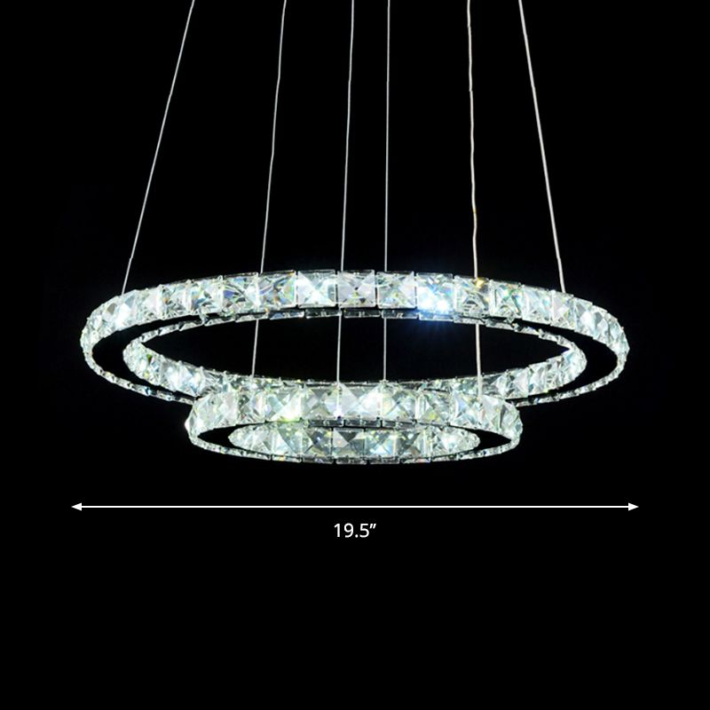 2/3 Tiers Crystal Encrusted Chandelier Stylish Simple Chrome Hoop LED Pendant Lighting in Warm/White Light