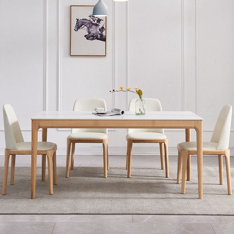 Rectangle Retro Modern Dining Table White Sintered Stone Top 4 Legs Fixed Table