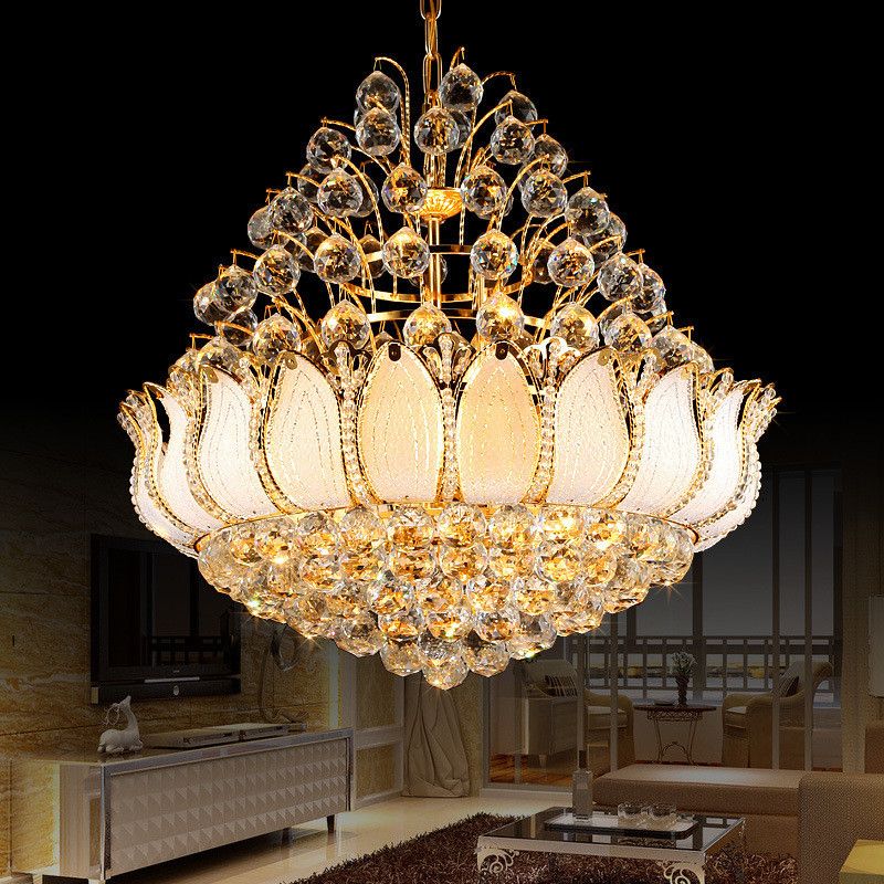 Gold Lotus Hanging Light Contemporary 9/11 Lights Faceted Crystal Ball Chandelier Light Fixture, 18.5"/23.5" Wide