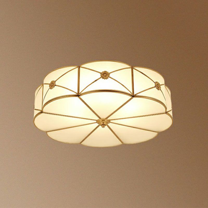 Floral Bedroom Ceiling Mounted Light Colonial Chic White Glass Brass Finish Flush Light