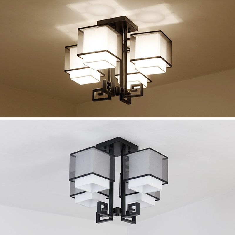 Plafoniera quadrata da incasso a 4 luci in stile classico tradizionale in ferro battuto con paralume in lino