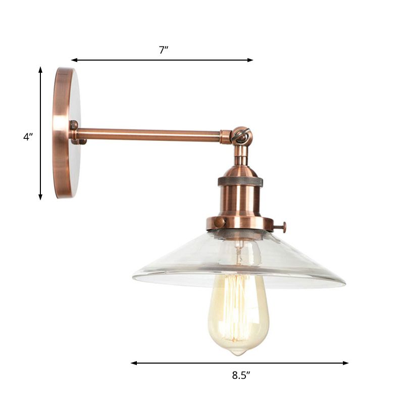 Conical Bedroom Wall Light Fixture Vintage Clear Glass 1 Light Copper Sconce Lamp