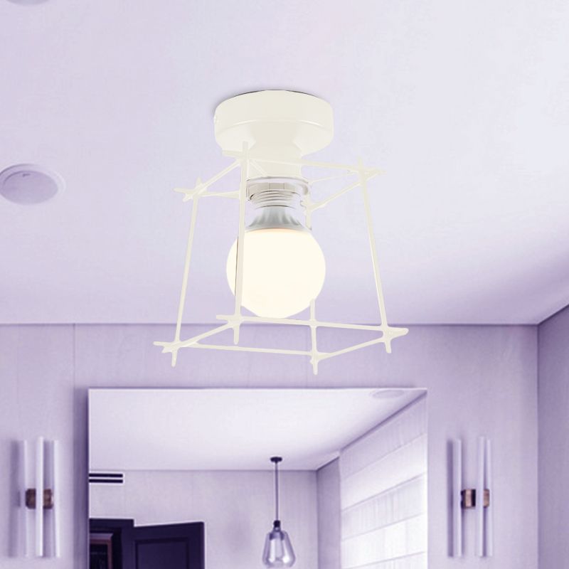 Cubic Metal Semi-Flush Ceiling Fixture with Wire Guard Industrial 1 Head Bedroom Rotatable Semi Flush Mount Lighting in Black/White