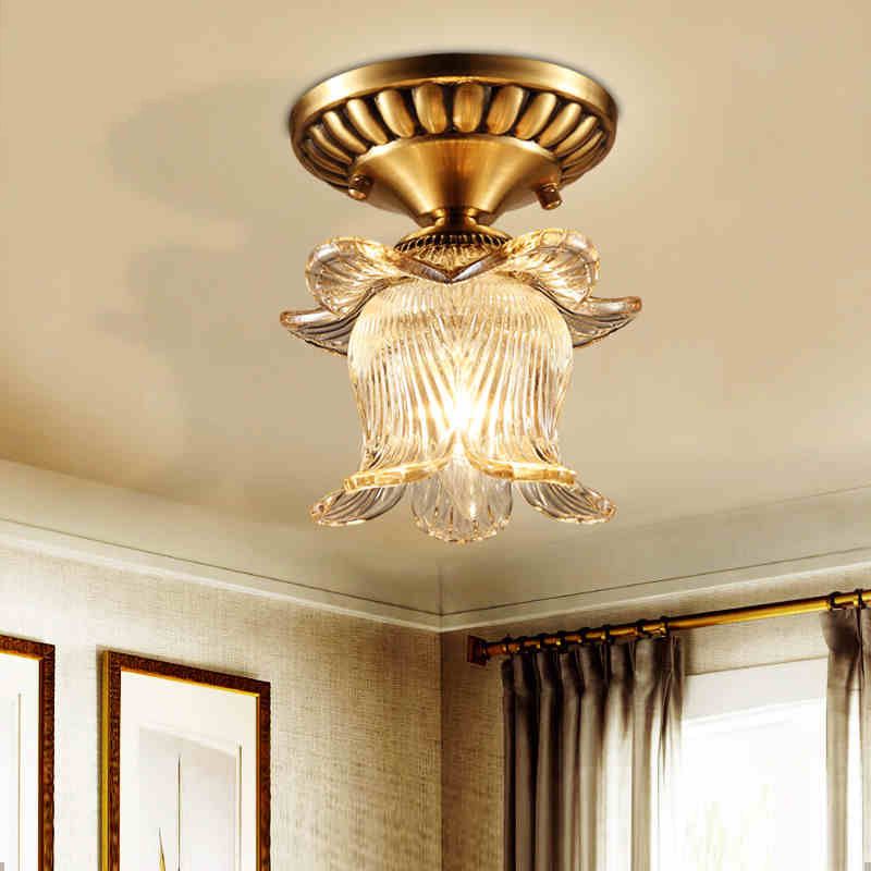 Flower Semi Flush Mount Traditional Clear Ribbed Glass 1 Bulb Brass Ceiling Mount Chandelier