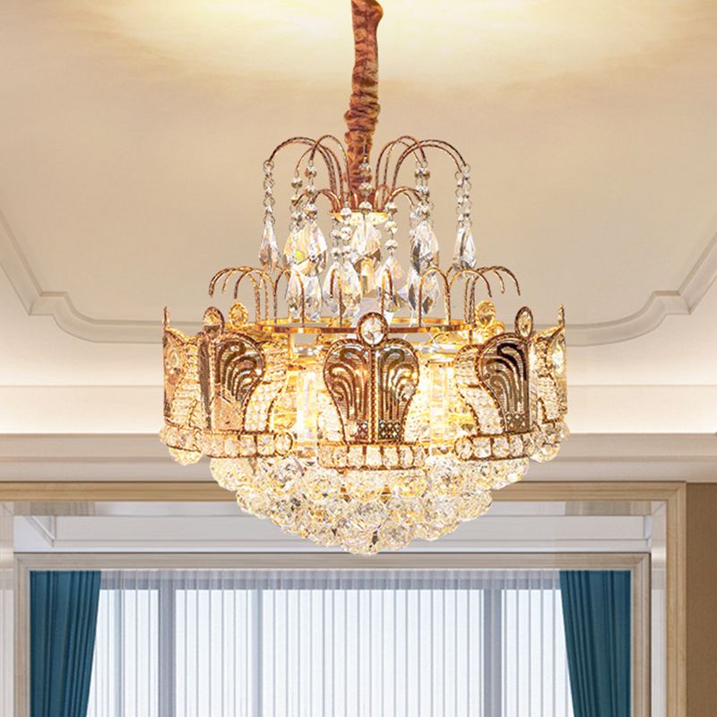 6 hoofden woonkamer kroonluchter licht eenvoudige gouden ophanging hanger met trapsgewijze kristallen bol schaduw