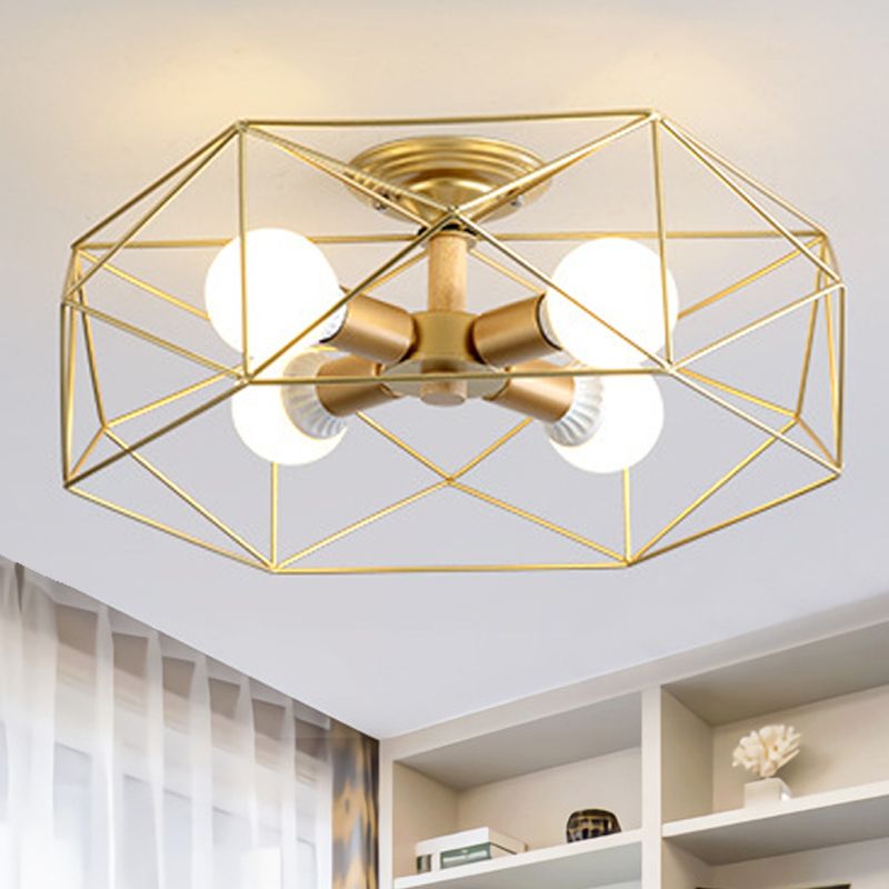 Montaje semiempotrado geométrico Metal moderno 3/4/5 luces Luz de montaje semiempotrado blanco/negro/dorado con pantalla de jaula de alambre