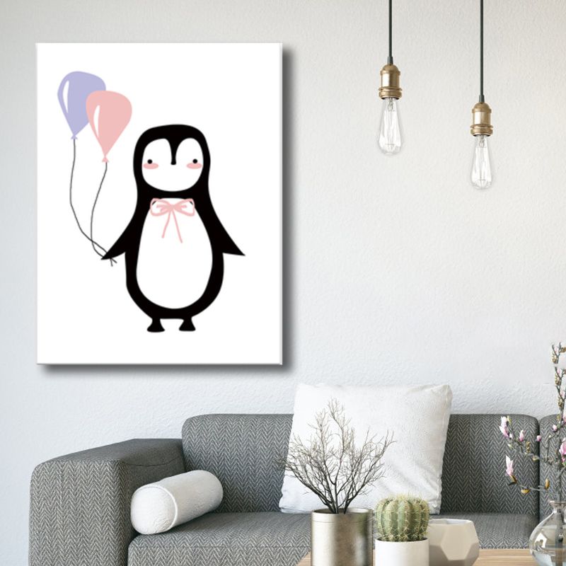 Penguin with Balloon Wall Decor Children's Art Textured Canvas Print in Black for Bedroom