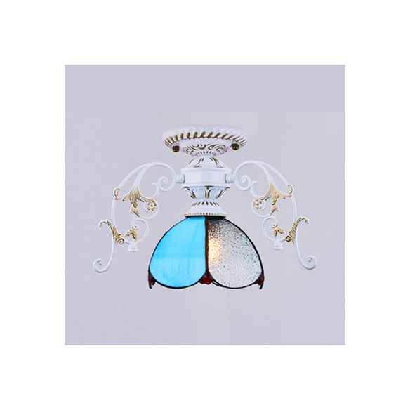 Plafonnier pétale traditionnel avec abat-jour en verre teinté, 1 diamant bleu clair/semi-encastré givré en noir/blanc