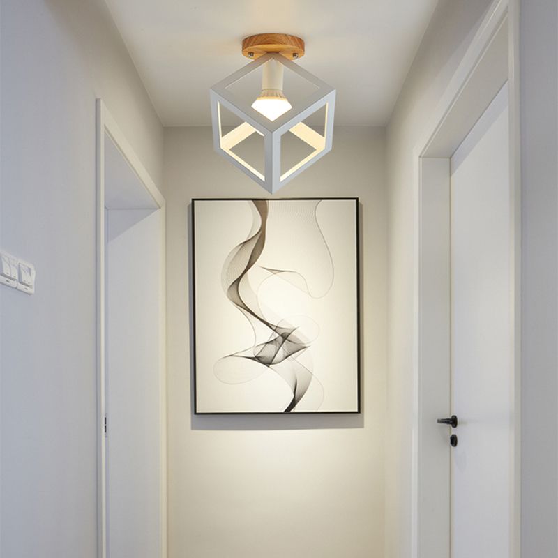 Nordic Flush Mount Geometric Ceiling Light Fixture with Wood and Metal for Hallway